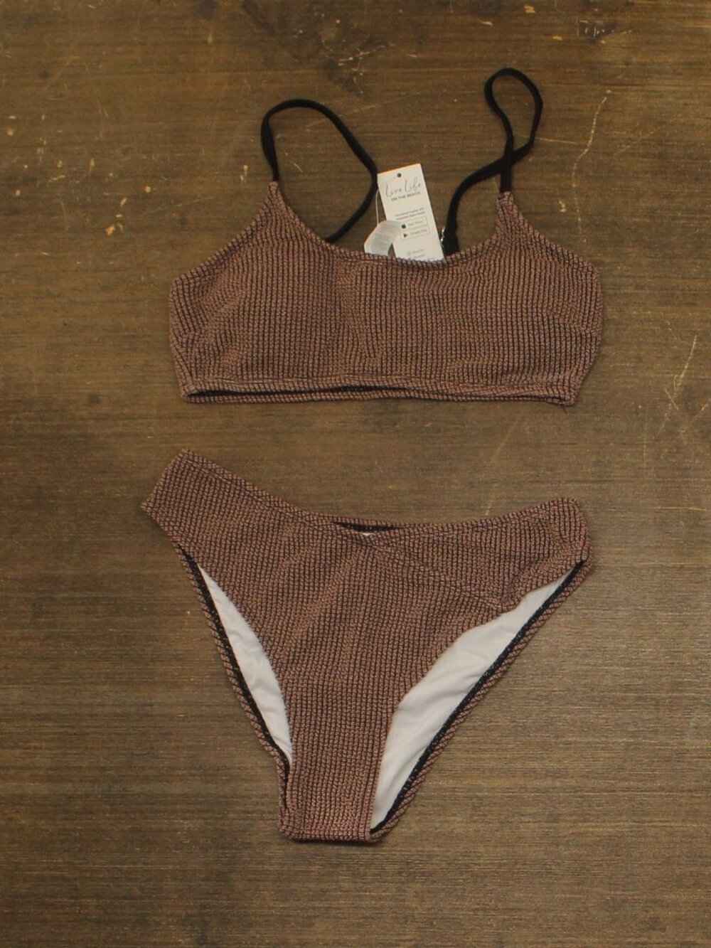 Cupshe Brown Rib Scoop Neck Swim Top Hipster Bikini Set S Sz S